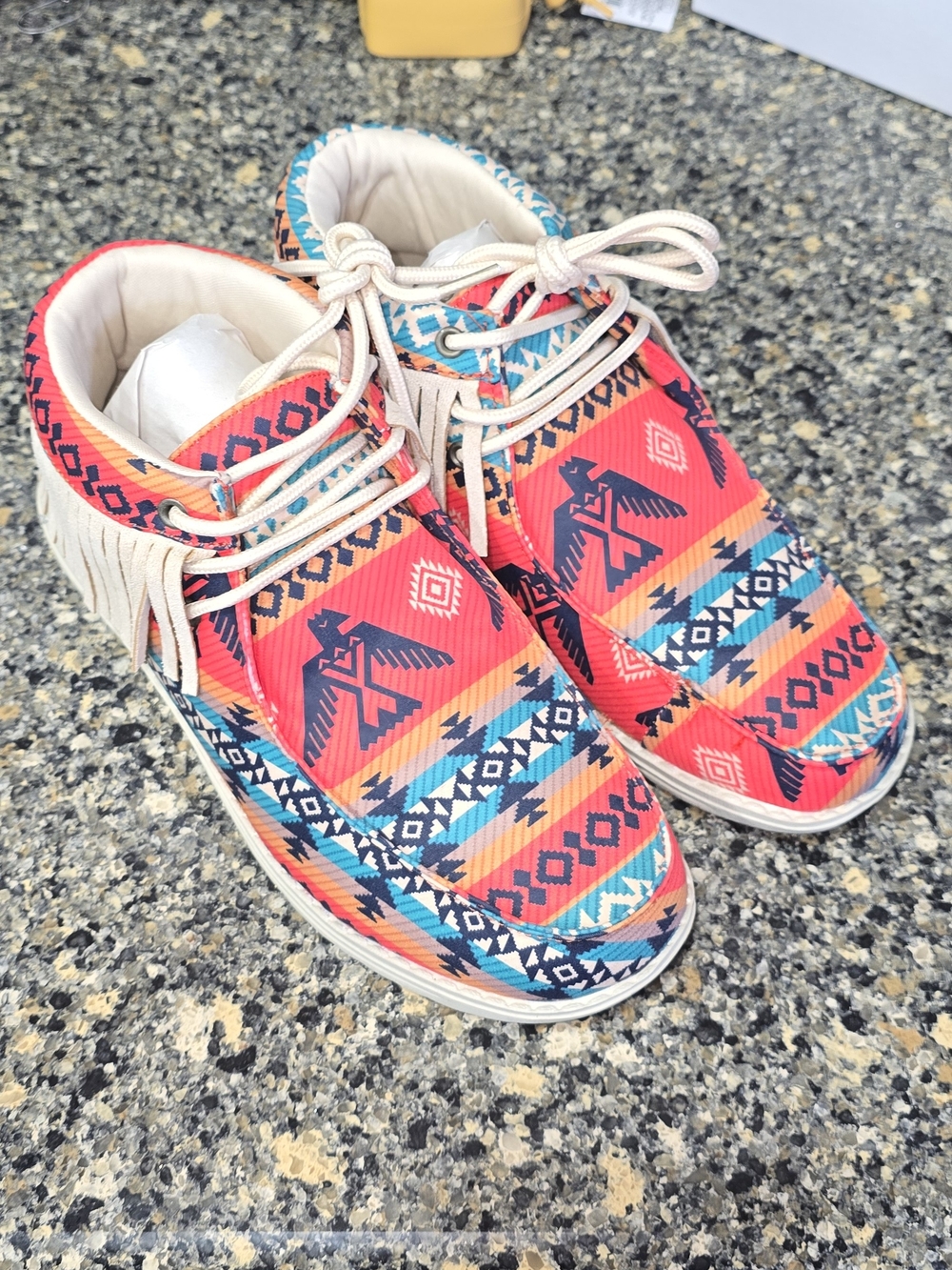 Women’s Rowdy Crowd Maverick Tribal-Print Moccasin Sneakers in Coral and Teal